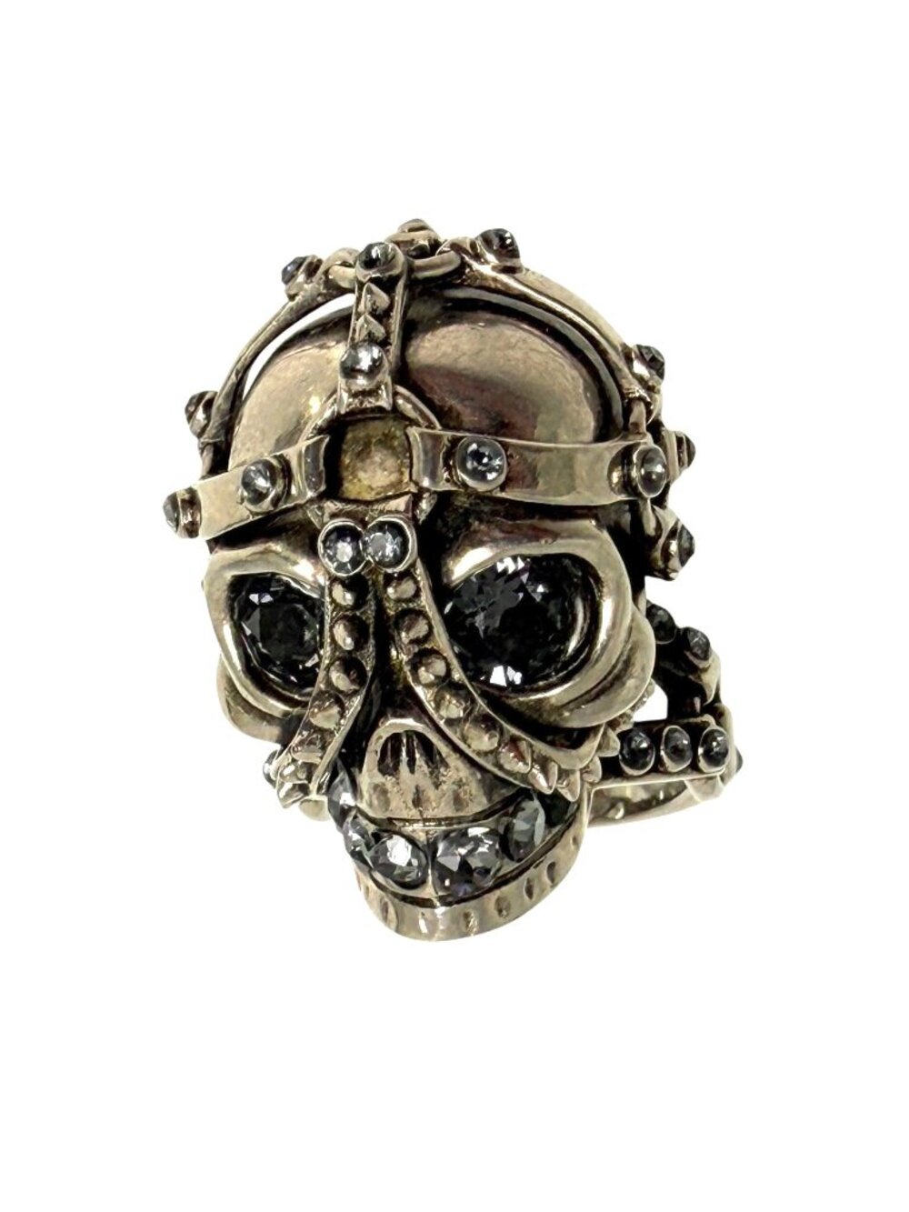ALEXANDER MCQUEEN Silver-Tone Blue Crystal Skull Cocktail Ring SZ 6.5